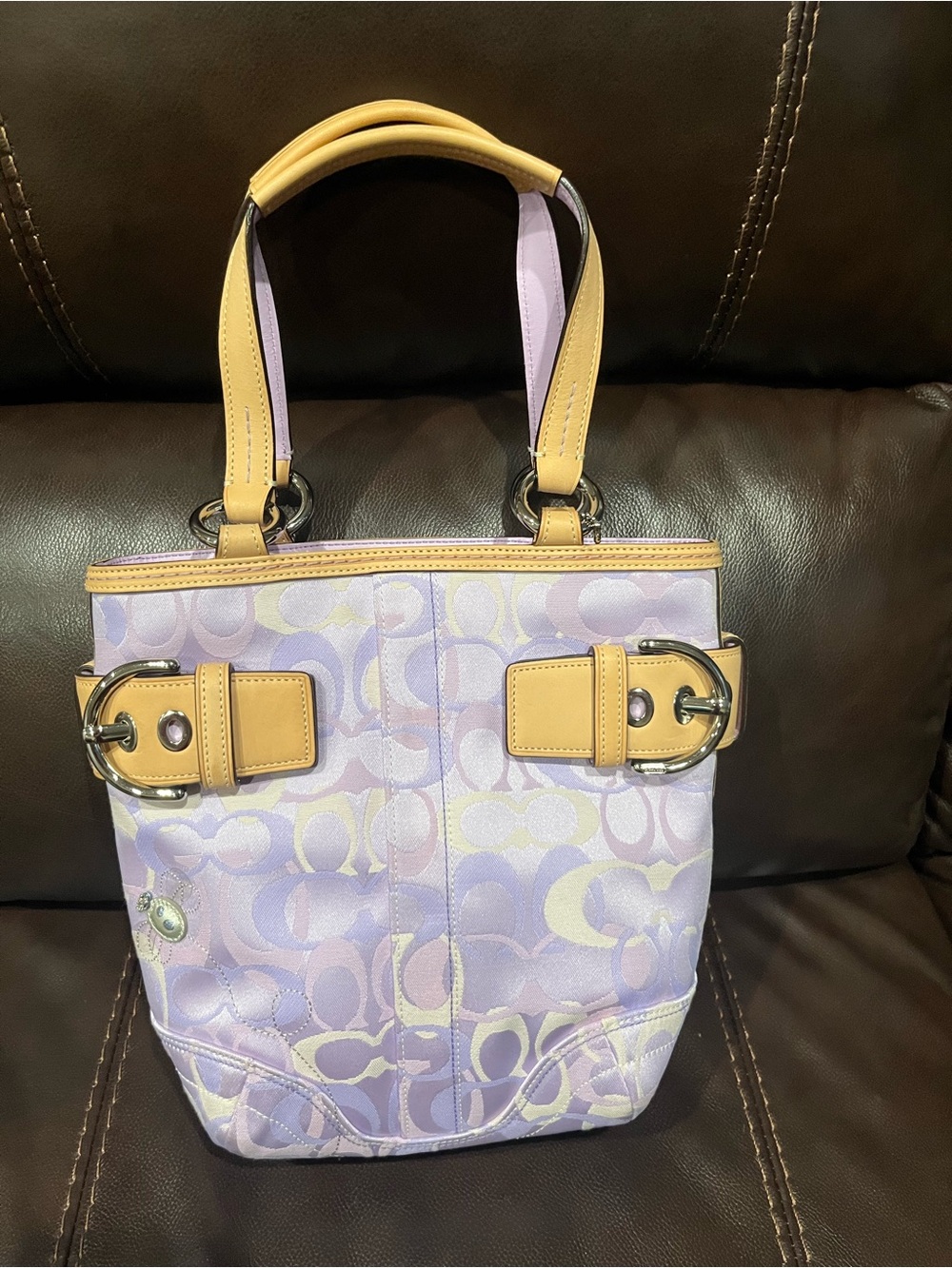 Coach Lilac Signature Tote with Tan Leather Trim